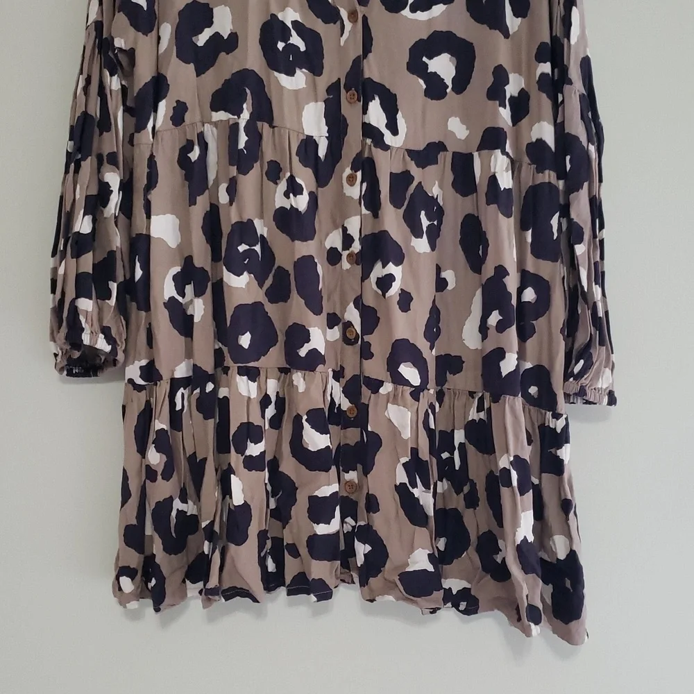 Mud Pie Cow Print Mini Shirtdress Small Tan Black Long Sleeve Tier Babydoll